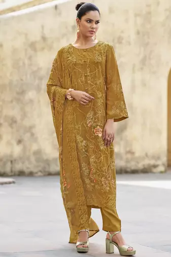 Stylee lifestyle mustard organza embroidered dress material