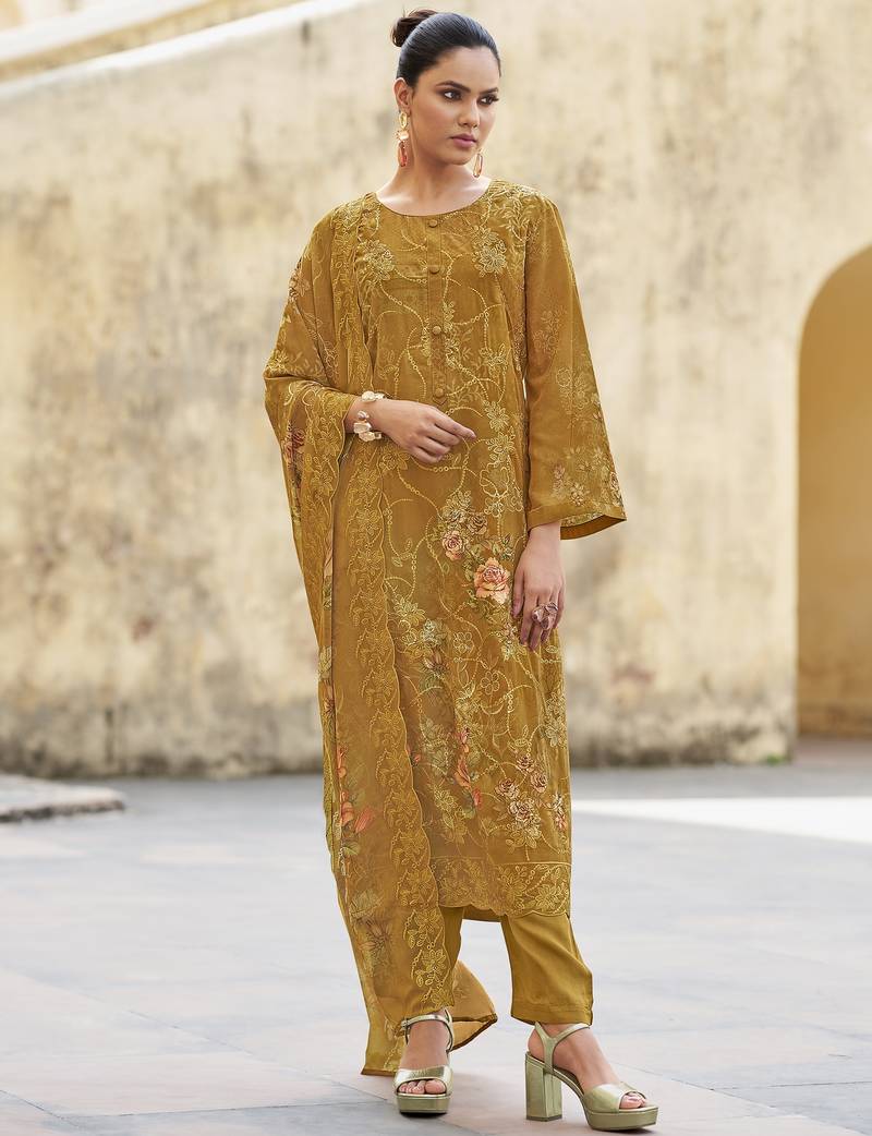 Stylee lifestyle mustard organza embroidered dress material