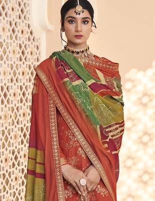 rust dola silk jacquard embroidered dress material 4