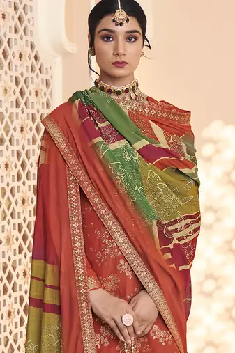rust dola silk jacquard embroidered dress material