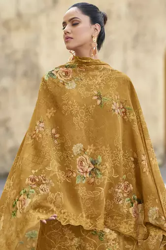 mustard organza embroidered dress material