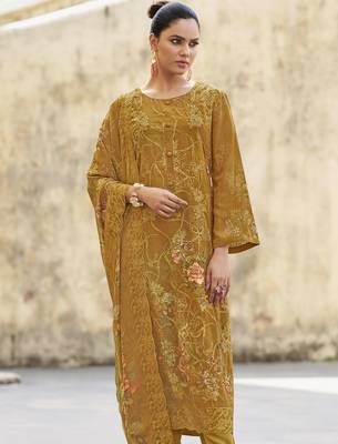 mustard organza embroidered dress material 3