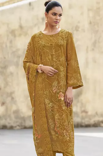 mustard organza embroidered dress material