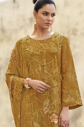 mustard organza embroidered dress material