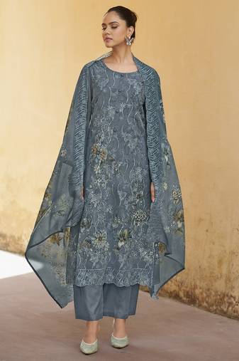 Stylee lifestyle grey organza embroidered dress material