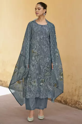 Stylee lifestyle grey organza embroidered dress material