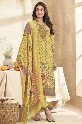 Stylee lifestyle lemon yellow lawn cotton embroidered dress material