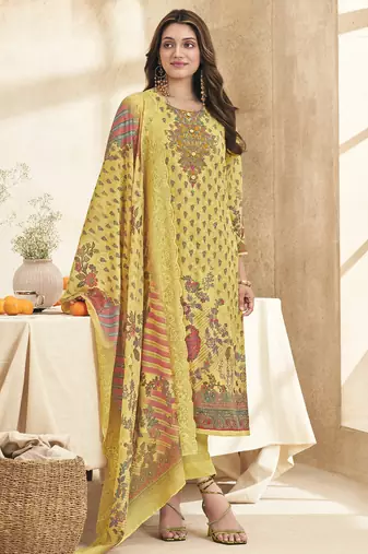 Stylee lifestyle lemon yellow lawn cotton embroidered dress material