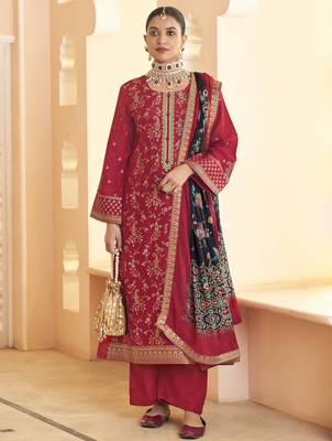 red dola silk jacquard embroidered dress material 1