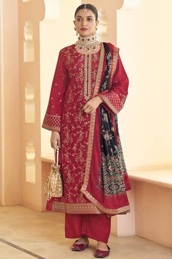 Stylee lifestyle red dola silk jacquard embroidered dress material