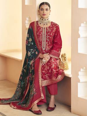 red dola silk jacquard embroidered dress material 3