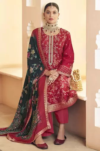 red dola silk jacquard embroidered dress material