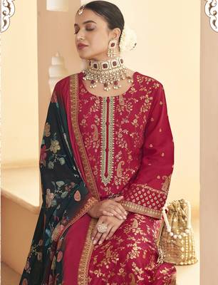 red dola silk jacquard embroidered dress material 4