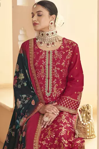 red dola silk jacquard embroidered dress material