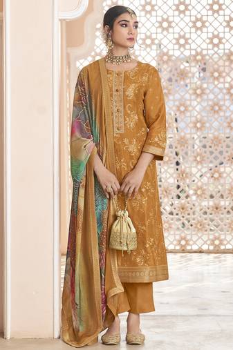 Stylee lifestyle mustard dola silk jacquard embroidered dress material