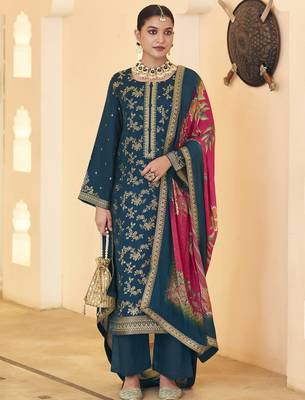 navy blue dola silk jacquard embroidered dress material 1