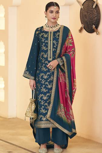 Stylee lifestyle navy blue dola silk jacquard embroidered dress material