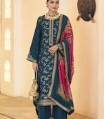 navy blue dola silk jacquard embroidered dress material