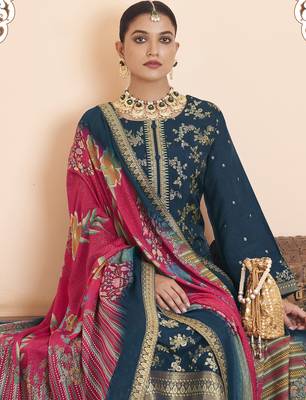 navy blue dola silk jacquard embroidered dress material 2