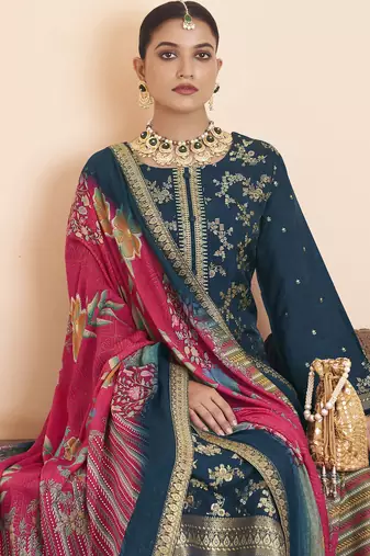 navy blue dola silk jacquard embroidered dress material