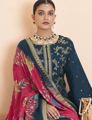 navy blue dola silk jacquard embroidered dress material 3