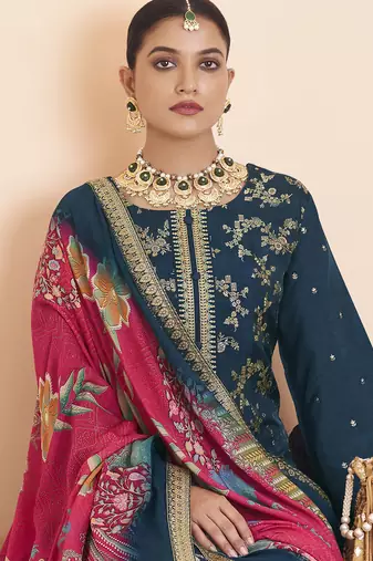 navy blue dola silk jacquard embroidered dress material
