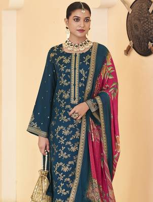 navy blue dola silk jacquard embroidered dress material 4