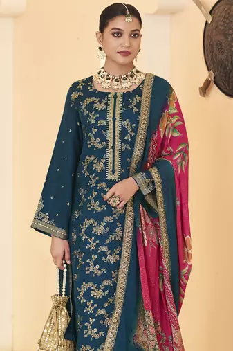 navy blue dola silk jacquard embroidered dress material