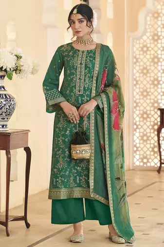 Stylee lifestyle green dola silk jacquard embroidered dress material
