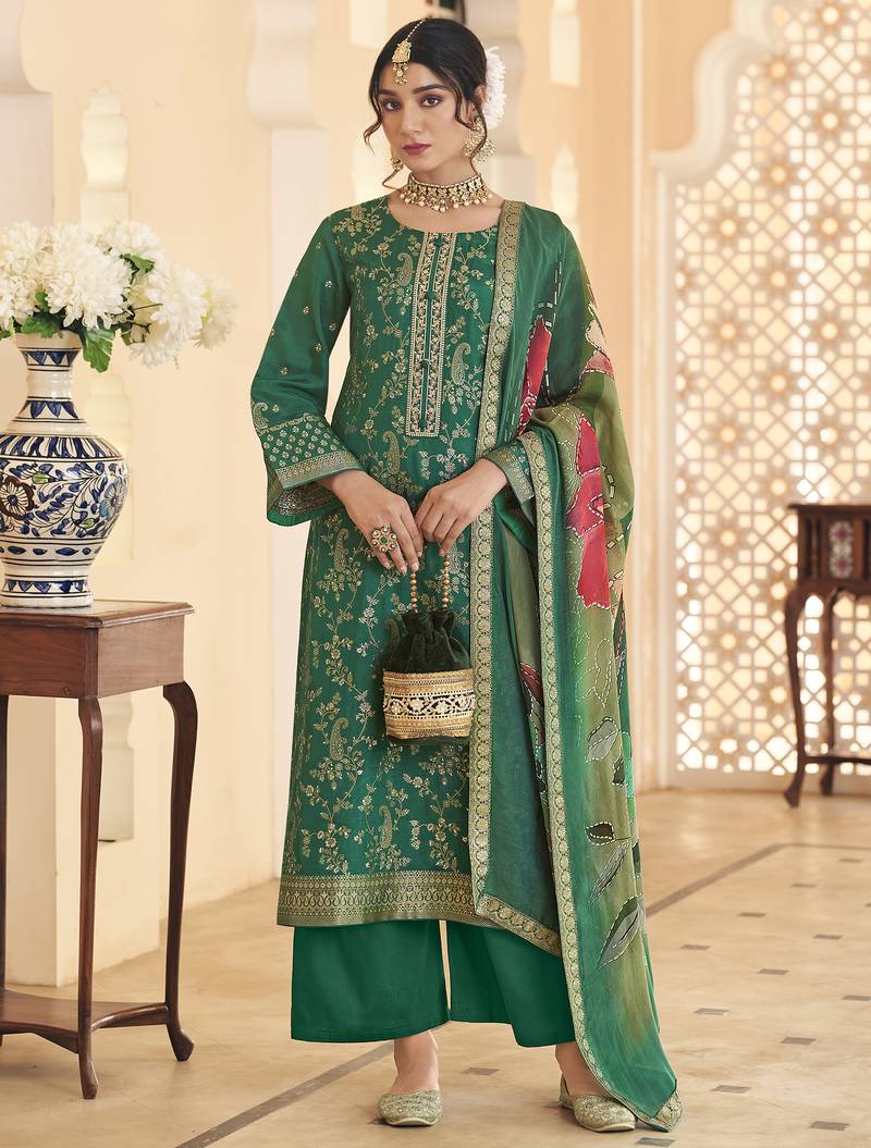 Stylee lifestyle green dola silk jacquard embroidered dress material