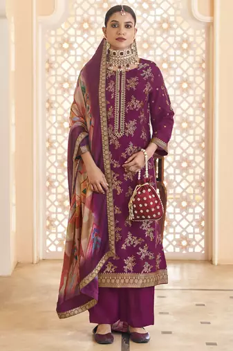 Stylee lifestyle purple dola silk jacquard embroidered dress material