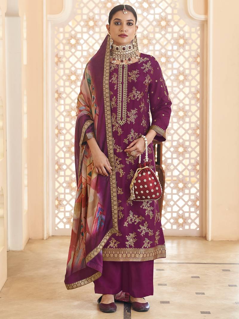 Stylee lifestyle purple dola silk jacquard embroidered dress material