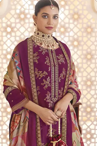 purple dola silk jacquard embroidered dress material