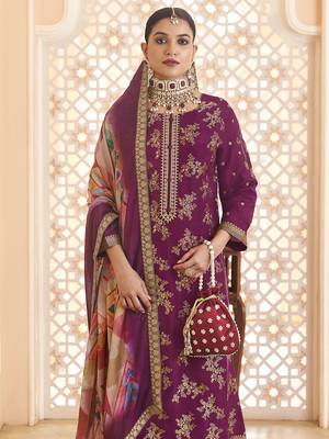purple dola silk jacquard embroidered dress material 4