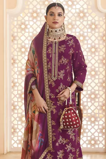 purple dola silk jacquard embroidered dress material