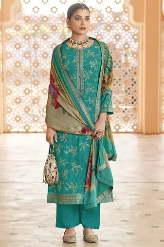 Stylee lifestyle turquoise dola silk jacquard embroidered dress material