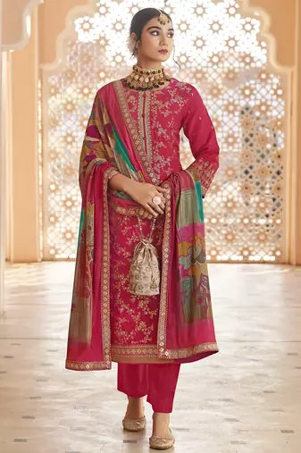 Stylee lifestyle magenta dola silk jacquard embroidered dress material