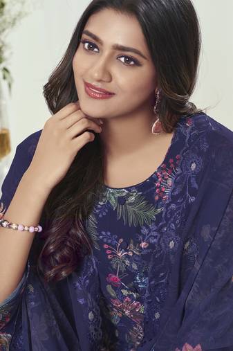 Stylee lifestyle navy blue georgette embroidered dress material