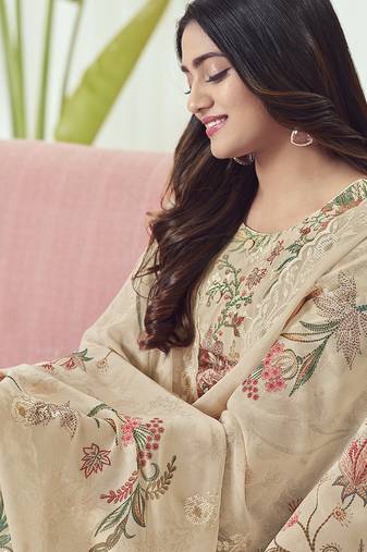 Stylee lifestyle beige georgette embroidered dress material