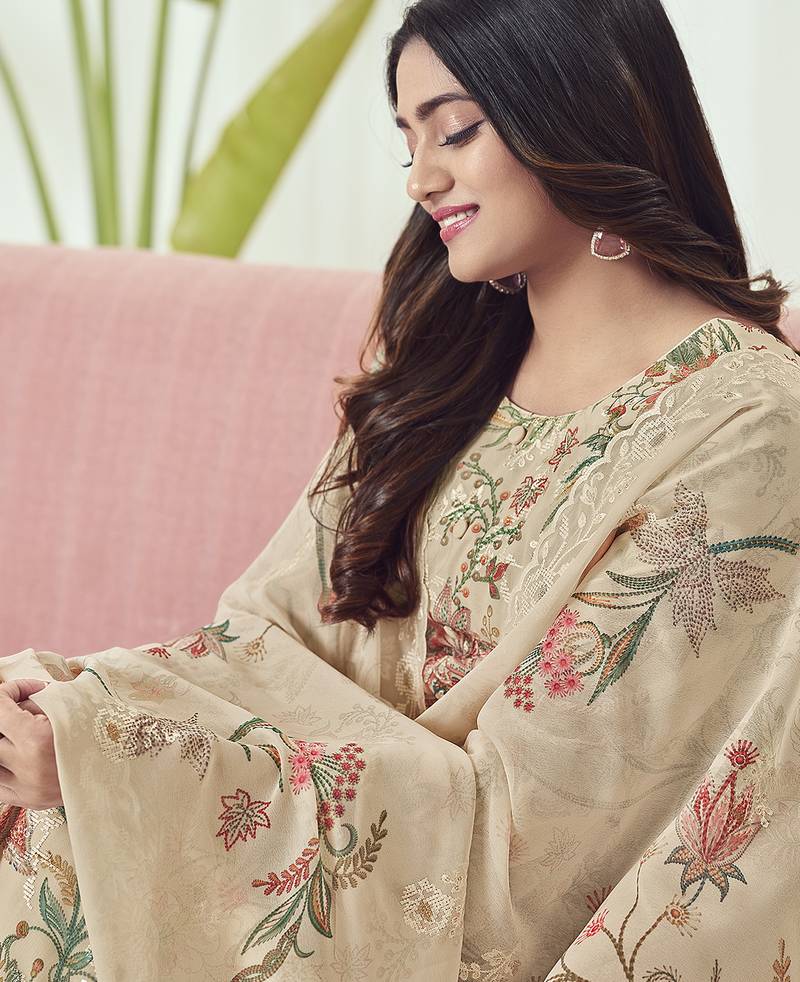 Stylee lifestyle beige georgette embroidered dress material