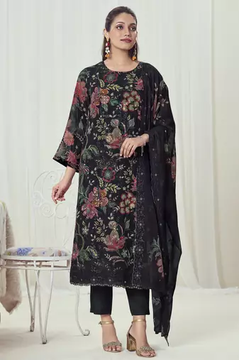 Stylee lifestyle black georgette embroidered dress material