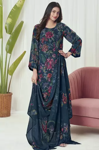 Stylee lifestyle navy blue georgette embroidered dress material