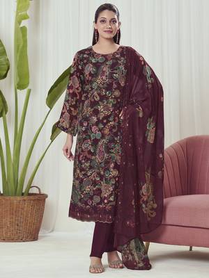 maroon georgette embroidered dress material 1