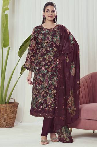 Stylee lifestyle maroon georgette embroidered dress material