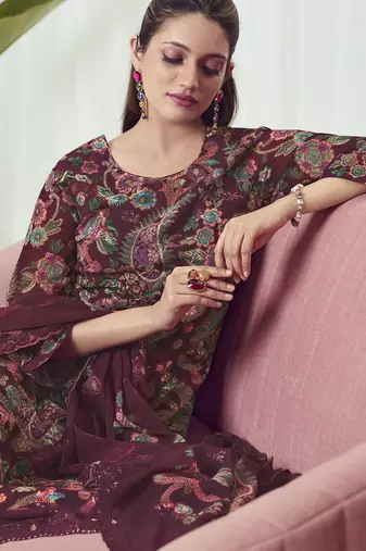maroon georgette embroidered dress material