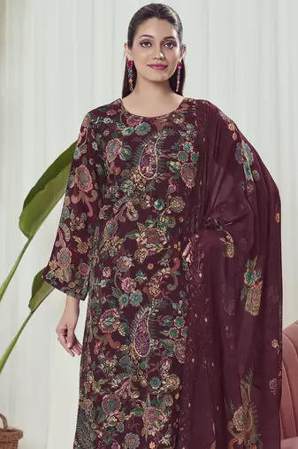 maroon georgette embroidered dress material