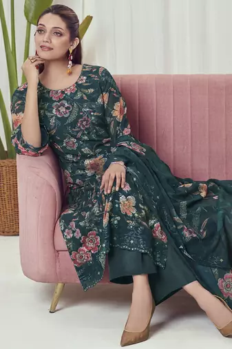 teal georgette embroidered dress material