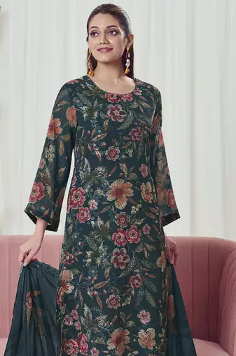 teal georgette embroidered dress material