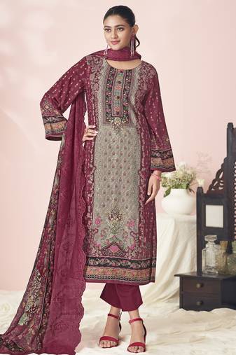 Stylee lifestyle maroon lawn cotton embroidered dress material