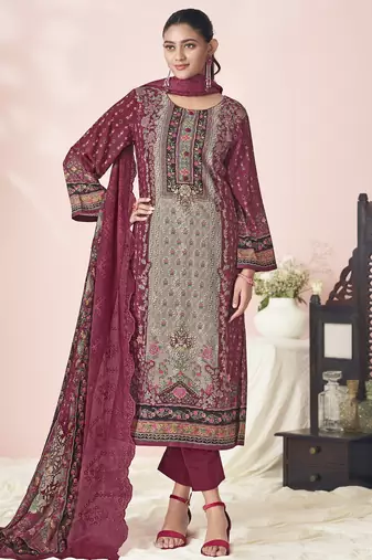 Stylee lifestyle maroon lawn cotton embroidered dress material